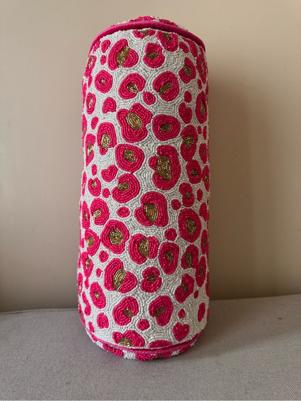Beaded Cylindrical pillow  Pink White Gold decorative  animal print - Picture 8 of 11